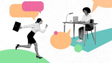 A collage of two tech workers with colorblocks around them and speech bubbles to show the idea of women leading the conversation.