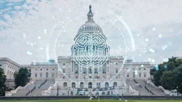 An image of the White House is overlaid with the circuit of an AI chip.