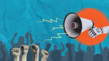 A robot arm holding a megaphone over a crowd of protesters with their fists in the air.