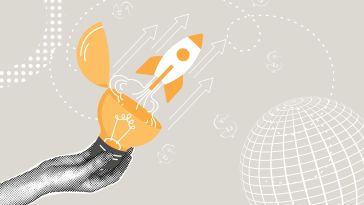 An illustration of a hand holding a lightbulb with a rocket shooting out of it set against a backdrop strewn with dollar signs, curving dotted lines and a sphere, symbolizing the idea of launching a new product