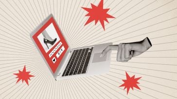 A hand clicks through online product listings.