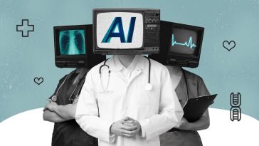 Three healthcare professionals with computer screens for heads, with the middle screen displaying the initials "AI." The background is white and forest-green.