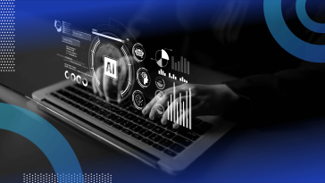 A close-up on a user working on a laptop with an AI overlay