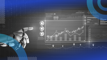 A robotic hand points at a data chart