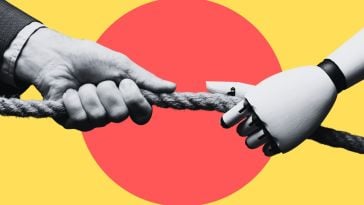 A human hand and a robotic hand tug on opposite ends of a rope.