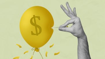 A hand in grayscale holds a pin popping a yellow balloon with a dollar sign on it. The background is light green.