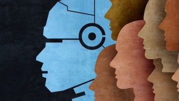 image of a robot head alongside a bunch of human faces