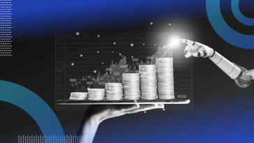 A hand holds a tablet computer like a tray with a stack of coins and a robotic hand reaches out to touch them