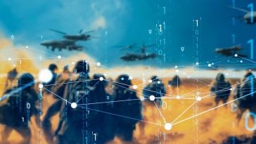 An illustration of connected data points in the foreground of the image with soldiers and helicopters in the background to represent defense tech.