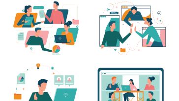 A collage of workers interacting asynchronously to show the idea of remote work.