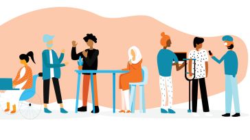 An illustration of a diverse group of employees talking to one another.