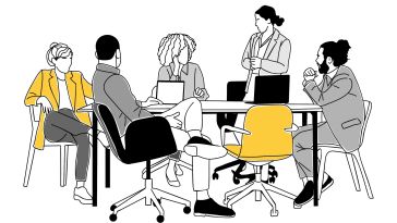 An illustration of people around a table at work to show the idea of collaboration and leading.