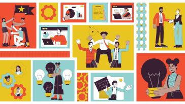 A collage of diverse teams working together in modern art icons.