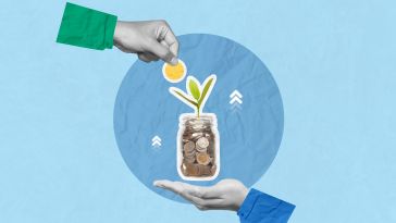 A collage of two hands, one holding a car of coins and the other putting money in it to show the idea of financial perks at work.