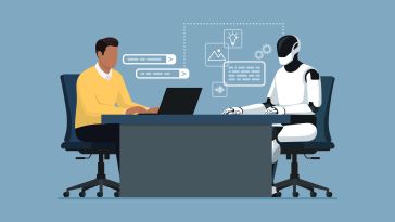 An illustration of a robot at a desk with a tech worker to show the idea of working with AI.