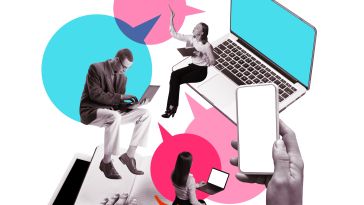 A collage of people and colorful text bubbles to represent communication at work.