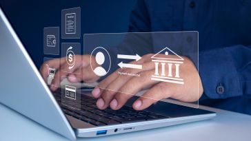 Hands typing on a laptop with digital icons floating above, depicting online banking transactions, payment successful, and invoice management.