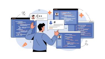 A graphic of a person in front of computer screens that have coding languages to show the idea of working in product development and engineering.