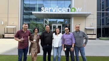 Miku Jha, ServiceNow’s vice president of applied AI forward deployed engineering, and her teammates pose for a photo at the company’s office