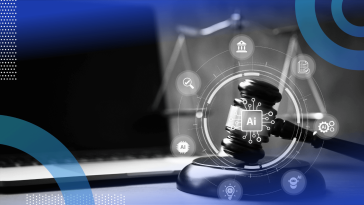 A gavel in front of a laptop with an AI overlay