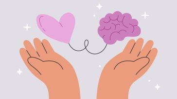 An illustration of two hands upholding a heart and a brain that are connected by a string, symbolizing the idea of emotional intelligence