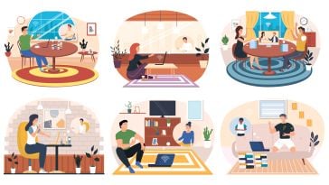 An illustration with six vignettes showing people working from home in different settings like a table, living room and on the floor to show the idea of remote work in tech. 