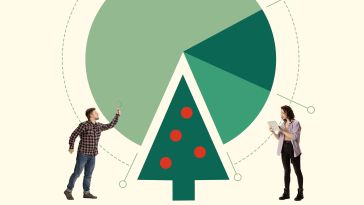 A collage of two tech workers next to geometric shapes like a Christmas tree. 