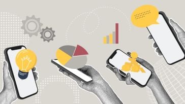 A collage of four hands holding smartphones with graphics forming from them like a lightbulb, chart, coins and message bubble to show the idea of mission-driven tech companies. 