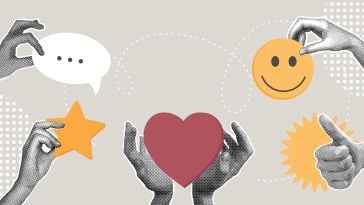 An illustration and collage of hands holding things like hearts, a smiley face and a message bubble to show the idea of centering users as part of the company mission.