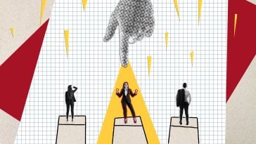 An illustration of three employees and one with a spotlight above them in a collage style to show the idea of recognition at work. 