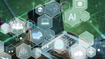 A person types on a laptop surrounded by translucent hexagons displaying symbols like AI, brain, and cloud, conveying innovation and technology themes.