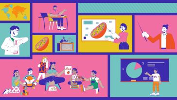 A collage of illustrated teachers and presenters in front of classrooms in a pastel color pallet. 