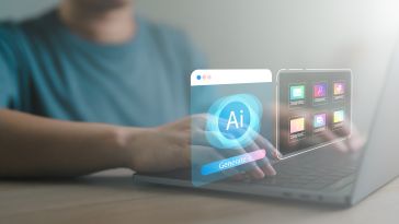 A person typing on a laptop with holographic AI and app icons appearing above the keyboard, suggesting futuristic technology use in a calm setting.