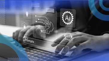 A closeup of hands typing on a keyboard with an AI prompt screen overlay