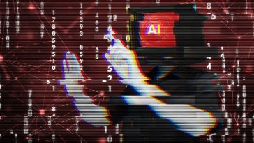 A glitch-art style illustration of a person with a vintage television for a head, displaying AI.