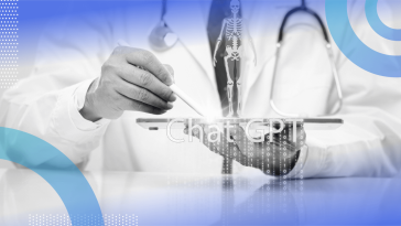 A doctor holds a tablet with an image of a skeleton and the words ChatGPT underneath