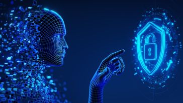 Pixelated blue hologram person pokes blue hologram lock. 