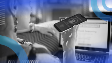 A young woman speaks to an AI interface on a smartphone