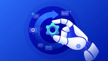 An illustration of a robotic hand grasping a gear piece with its pointer finger and thumb, symbolizing the idea of AI innovation