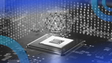 An AI chip with a buckyball above it and quantum code surrounding it