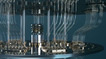 A futuristic and intricate quantum computer with metallic components, vertical rods, and wires elegantly arranged against a dark background, conveying innovation.