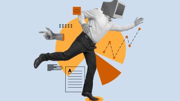 A collage of a tech worker with a computer instead of a head with graphs and charts behind them to show the idea of an early career in tech. 