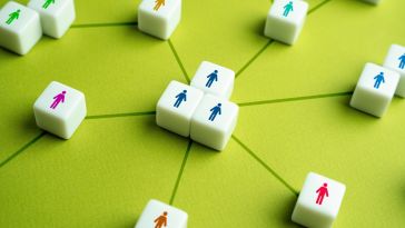 Blocks with image of people connected by lines on a green background to show the idea of collaboration on a team. 