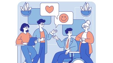 An illustration of four coworkers talking with chat bubbles above their heads to show the idea of collaboration at work. 