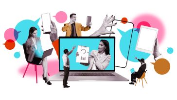 A collage of employees providing feedback shown with speech bubbles, graphs, phones and a laptop.  