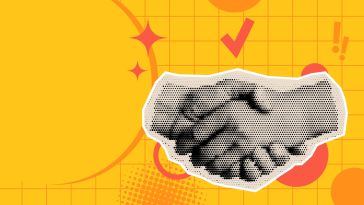 A collage of a halftone hand shake on a yellow background with abstract shapes to show the idea of getting hired and starting a new job in tech. 
