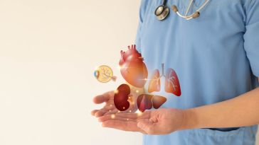 A medical professional holds out hands with digital illustrations of human organs, including the heart, kidney, lung, liver, and eye, floating above the palms.