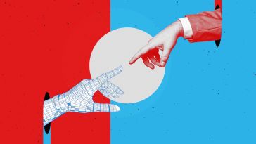 A human hand reaching for a digital hand against a red and blue background