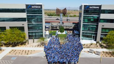 A photo of Achieve employees outside the building from an aerial shot. 