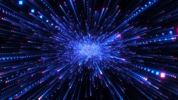 Energetic blue and purple light burst on a black background.
